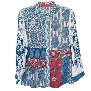 John Mark Womens PL Blue Multi Print Button Front Top Blouse NWT Petite Large